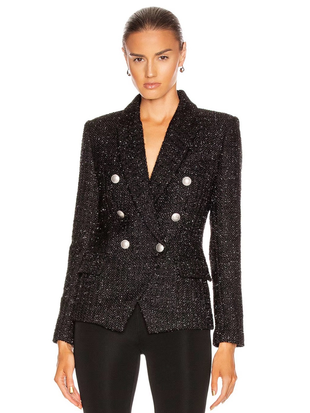 NWT L’AGENCE Elegant Kenzie Metallic Double Breasted Knit Blazer McBling Luxury